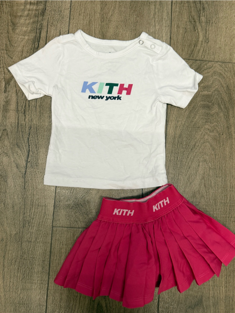 Kith Kids White Logo Tee with Bright Pink Pleated Skirt03 month skirt n top baby